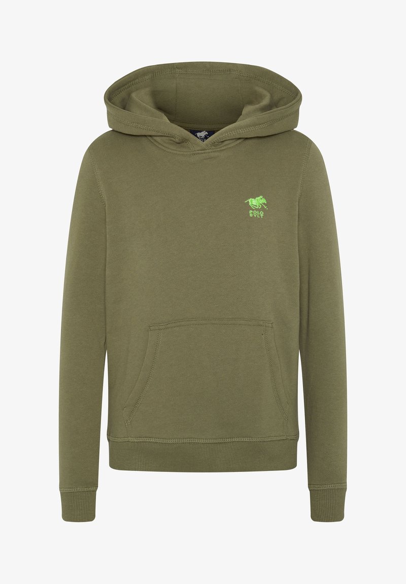 Oliwkowa bluza z kapturem z przednią kieszenią kangurka oraz małym neonowo zielonym logo Polo na lewej piersi.