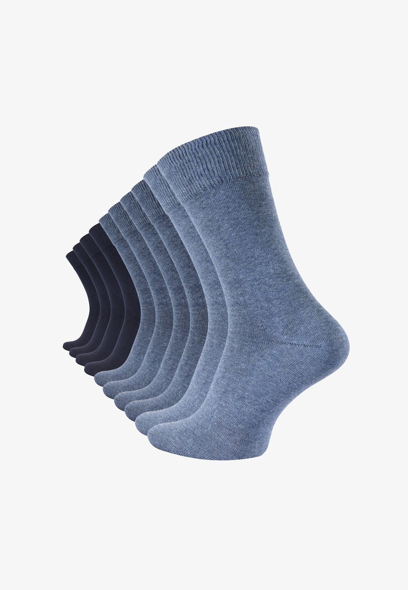 Eight pairs of ankle-length socks in alternating shades of dark navy blue and light denim blue, arranged in a staggered row.