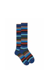 Pair of knee-high socks with horizontal stripes in blue, green, red, brown, black, and orange colors.