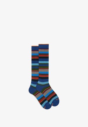 Pair of knee-high socks with horizontal stripes in blue, green, red, brown, black, and orange colors.