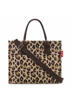 Borsa tote rettangolare con stampa leopardata, dotata di due manici marrone scuro e una tracolla regolabile marrone scuro.