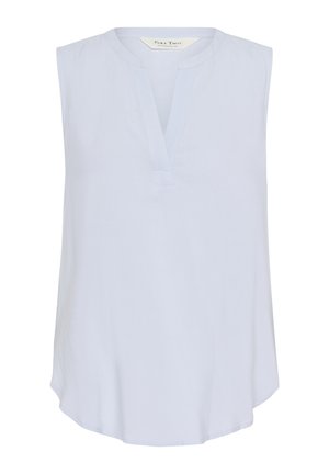 Bluză fără mâneci, de culoare albastru deschis, cu decolteu în V și tiv curbat. Fabricată dintr-un material neted, cu detalii minime de coasere la decolteu.