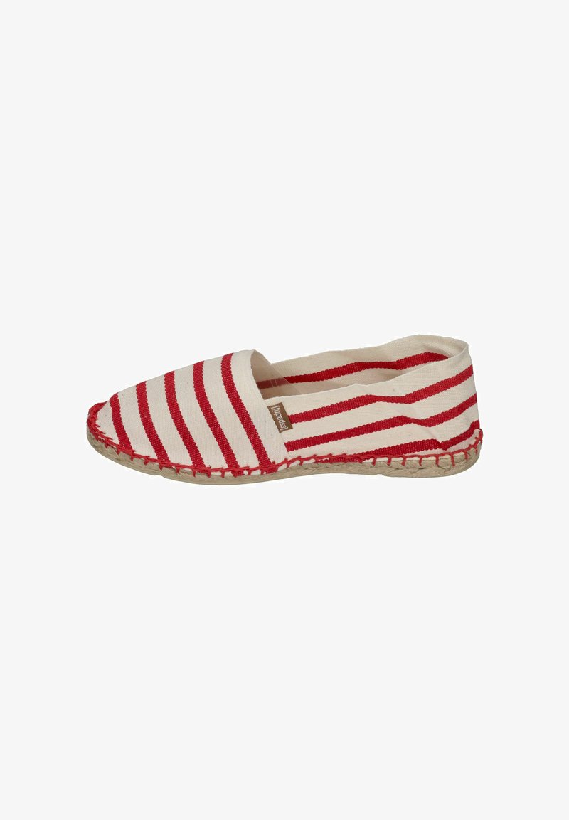 Red and white striped canvas espadrille with a round toe and braided jute sole. Fabric is textured, with stitching detail along the sole.