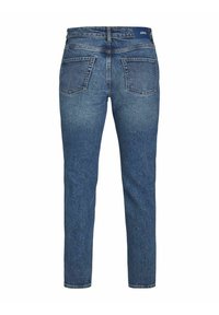 Dunkelblaue Denim-Jeans mit schlankem Schnitt, mittelhohem Bund, zwei Gesäßtaschen und subtilen Verblassungen entlang der Oberschenkel und Knie.