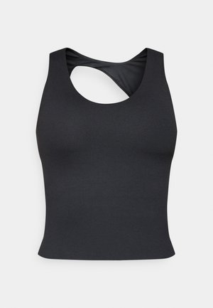 Camiseta deportiva negra sin mangas, con diseño sin mangas, detalle de espalda abierta y textura suave y elástica, ideal para actividad física.