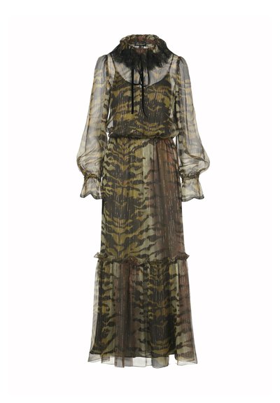 Durchsichtiges Maxikleid mit langen Ärmeln, Rüschenausschnitt und -manschetten, Tigerstreifenmuster in Olivgrün und Braun mit subtilen metallischen vertikalen Streifen.