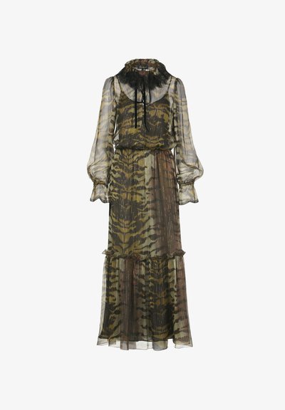 Abito maxi trasparente a maniche lunghe con colletti e polsini arricciati, motivo a strisce tigre in olive e marrone con sottili strisce verticali metalliche.