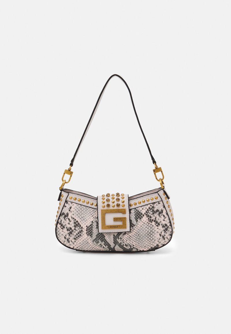 Petit sac à épaule avec motif peau de serpent gris et noir, clous dorés, grande boucle dorée avec logo "G" et bandoulière noire avec quincaillerie dorée.