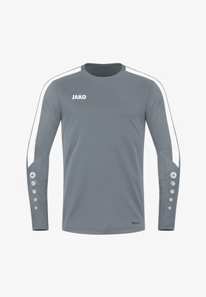 Grijze sportshirt met lange mouwen en witte zijstrepen, ronde halslijn en ronde accenten op de manchetten. Gemaakt van ademend materiaal.