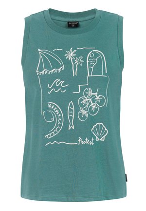 Teal sleeveless top with white line drawings of palm trees, waves, a bicycle, a shell, a fish, and a beach umbrella.