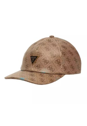 Casquette de baseball marron à motif avec un patch logo triangulaire Guess à l'avant, présentant un design monogramme répétitif de la marque.