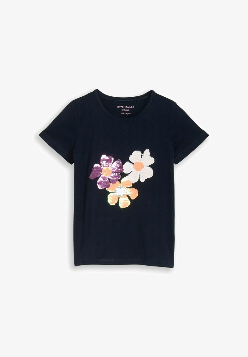Krátké tričko tmavě modré barvy s třemi květinami z flitrů v fialové, bílé a oranžové barvě na přední straně, velikost 104/110.