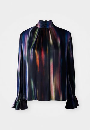 Blouse à manches longues en tissu foncé avec un motif abstrait coloré. Présente un col haut et des poignets froncés évasés. Texture lisse.