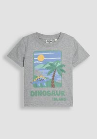 Grå bomulds t-shirt med et grafik af en blå dinosaur, palmetræer, en sol og teksten "DINOSAUR ISLAND" i grøn. Korte ærmer.
