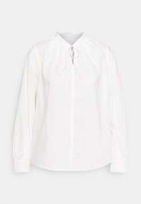 Biała bluzka z długim rękawem, z gathered kołnierzykiem i zapięciem na sznurek z przodu, o luźnym kroju i z zapięciem na guziki przy mankietach.