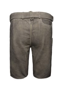 Gray suede shorts with a smooth texture. Features a belt loop, two pockets, and minimal stitching. Clean design with a straight cut.