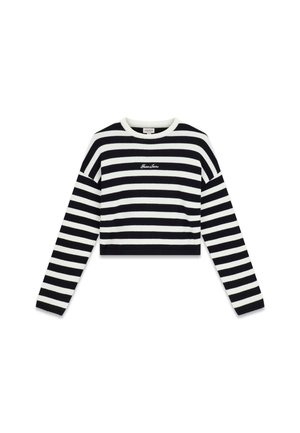 Maglione corto a maniche lunghe con righe orizzontali bianche e nere, scollatura tonda e piccolo logo ricamato bianco sul petto.