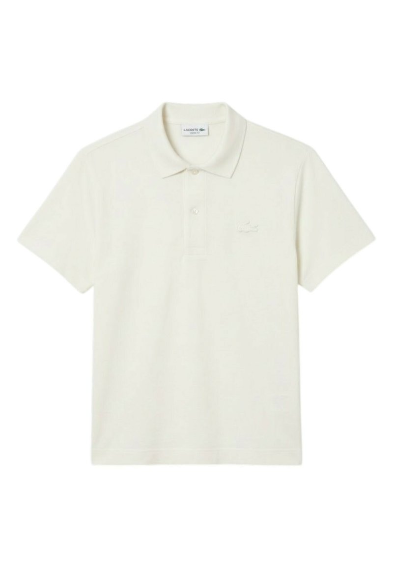 Korte mouwen off-white Lacoste polo met kraag, knoopsluiting en subtiel geborduurd logo op de linkerborst.