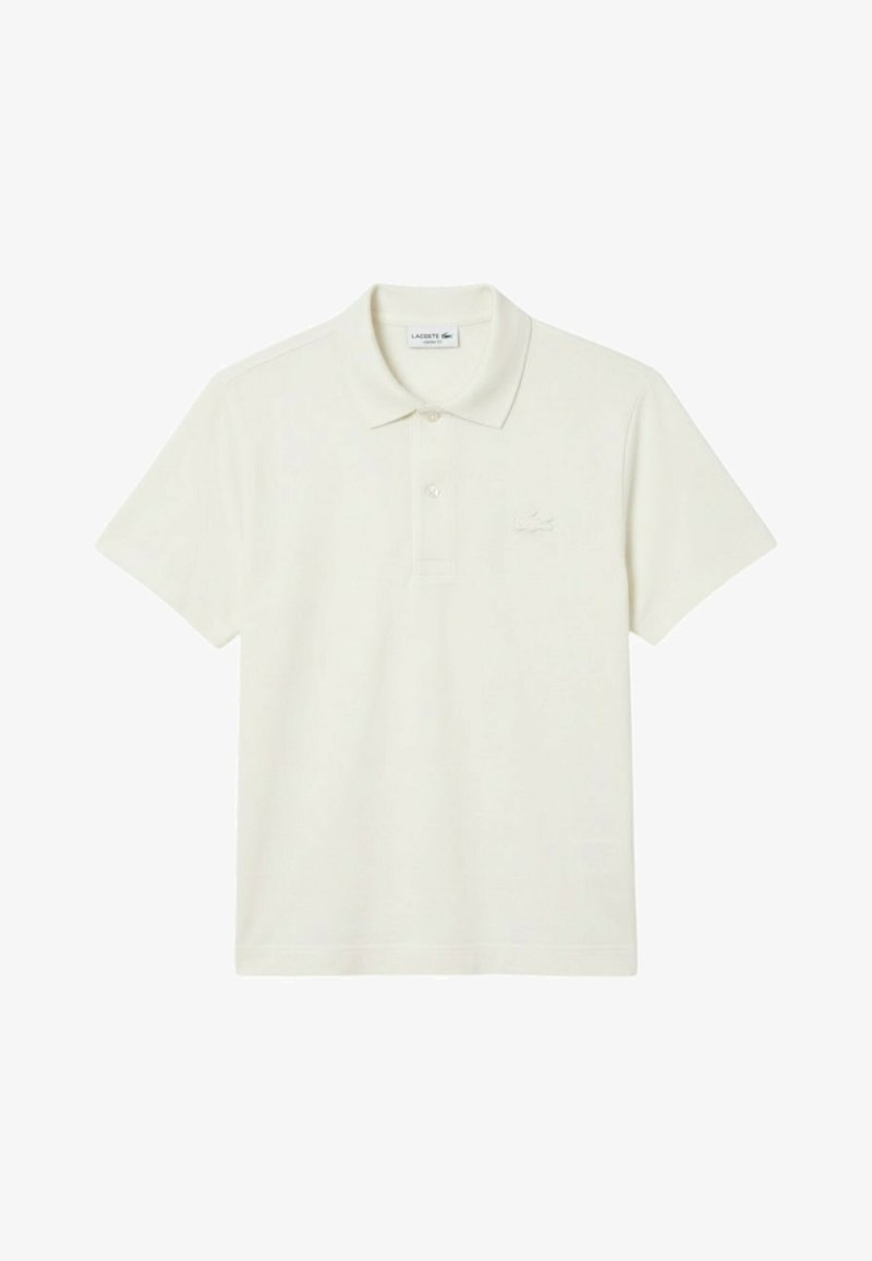 Korte mouwen off-white Lacoste polo met kraag, knoopsluiting en subtiel geborduurd logo op de linkerborst.