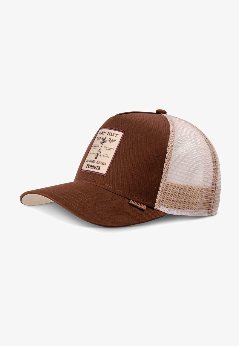 Brown cap with a solid fabric front and mesh back. Features a rectangular label with "Vietnamese Flavored Peanuts." Curved brim.