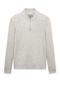 Šedý žebrovaný pulovr s dlouhými rukávy a polo-vysokým límcem. Má přední zip s poloviční délkou. Měkká textura s upnutým střihem.