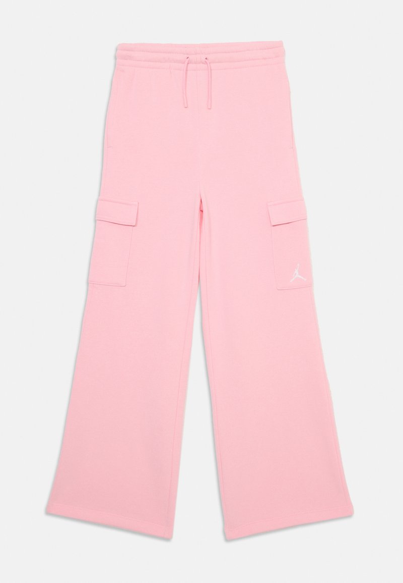 Pink cargo pants with a wide-leg design, made of soft fabric. Features include two side pockets and a white logo on the lower leg.