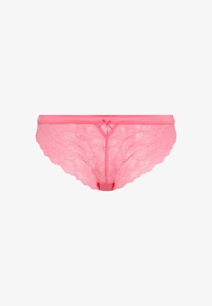 Ružové čipkované dámske hipster nohavičky s kvetinovým vzorom, saténovým pásom, malou mašľou a priesvitnou sieťovinou.