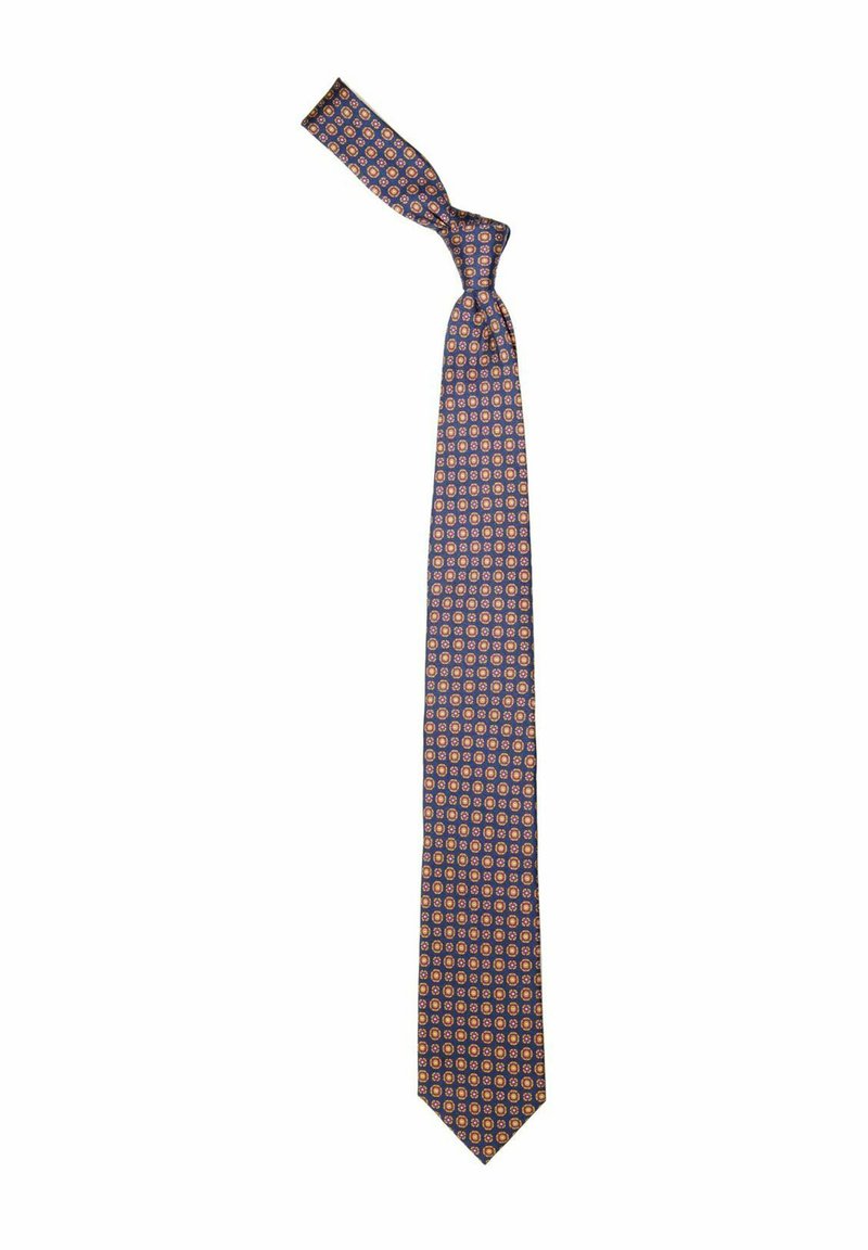 Silk slipsud med en mørkeblå baggrund, prydet med et mønster af små orange cirkler. Glat tekstur og klassisk design med en spids ende.