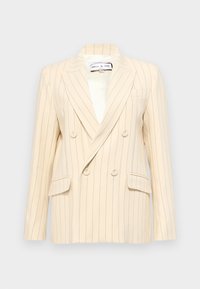 Beige gestreifter, doppelt geknöpfter Blazer mit Reverskragen, zwei Vorderaschen und weißem Futter. Verfügt über runde Knöpfe und eine strukturierte Form.