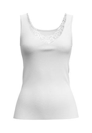 Weißes Tanktop aus strukturiertem Stoff mit einem gewellten Halsausschnitt, der mit floralen Spitzenakzenten verziert ist, und schmalen, geraden Schulterträgern.