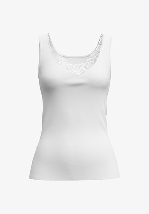 Débardeur blanc avec un tissu texturé, un col légèrement ondulé orné de détails en dentelle florale, et de fines bretelles droites.