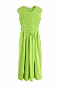 Robe midi vert citron sans manches avec corsage froncé et jupe fluide comportant une fente à l'avant.