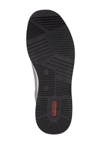 Schwarze Gummisohle mit strukturiertem Profil, das diagonale und horizontale Rillen aufweist. Prägung des "rieker"-Logos in der Mitte.