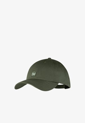 Olivgrüne Baseballkappe mit gebogenem Schirm und kleinem rechteckigem Buff-Logo mittig auf dem Vorderteil.