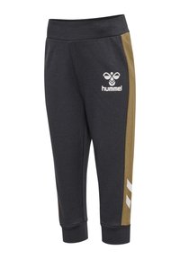 Grå sweatpants i mjukt tyg med en guldig sidostrand och vit logotyp. Har ett elastiskt midjeband och muddar vid anklarna.
