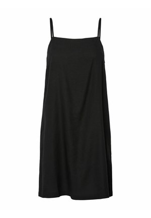 Sort ærmeløs slipkjole med tynde skulderstropper og løs pasform til knæet.