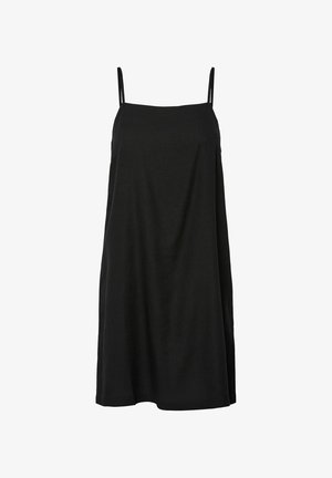 Schwarzes ärmelloses Slipkleid mit dünnen Trägern und lockerem, knielangem Schnitt.
