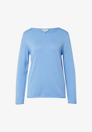 Hellblaues Langarmshirt mit Rundhalsausschnitt, gefertigt aus weichem Material, mit lockerem Schnitt und glatter Textur, minimalistische Details.