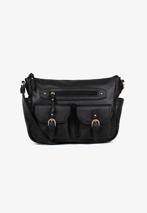Borsa a tracolla in pelle nera con tracolla regolabile, due tasche frontali con fibbia e una tasca superiore con cerniera e tiralampo in pelle.