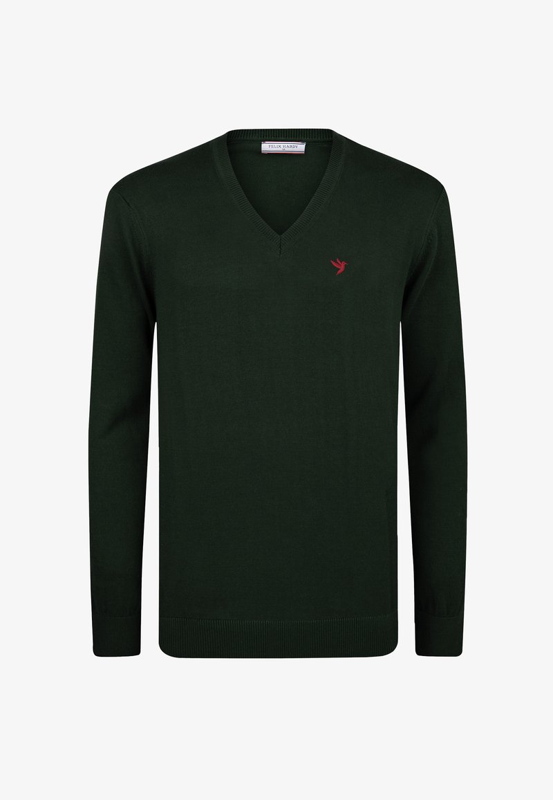 Pull vert foncé à manches longues avec col en V, poignets et ourlet côtelés, avec un petit logo d’oiseau rouge sur la poitrine gauche.