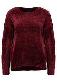 Burgundy neulepusero, jossa on pyöreä kaula-aukko, laskeutuvat olkapäät ja ribbireunat. Pehmeä materiaali ja hieman ylisuuri malli.