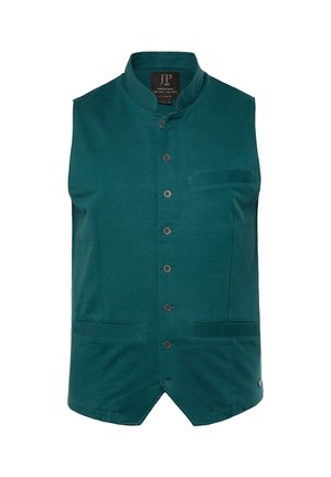 Gilet sans manches teal en tissu texturé, doté d'un col haut, de boutons sur le devant, de deux poches avant et d'un petit logo en bas.
