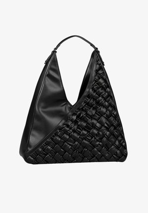 Schwarze Lederhandtasche mit gewebter Textur auf einer Seite, mit einer großen dreieckigen Form, einem einzelnen Schulterriemen und glatter Oberfläche.