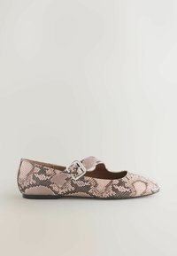 Pink and black snakeskin flat shoe with a rounded toe, ankle strap featuring a silver buckle, smooth texture, and low black heel.