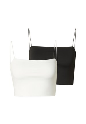 Dwa bezrękawniki z cienkimi ramiączkami, jeden biały z przodu, a drugi czarny za nim, wyświetlone na białym tle.