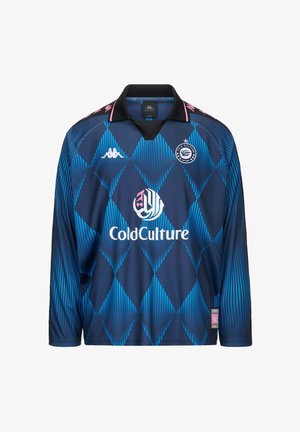 Maglia sportiva a maniche lunghe in blu con motivo a rombi. Presenta un colletto nero, accenti rosa e loghi. Realizzata in materiale leggero.