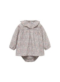 Bodysuit za bebe s cvjetnim uzorkom, dugim rukavima i nabranim kragnom. Ima nabranu bustu i mekani, lagani materijal.
