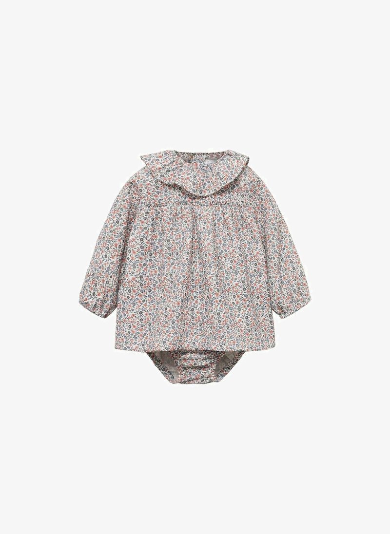 Bodysuit za bebe s cvjetnim uzorkom, dugim rukavima i nabranim kragnom. Ima nabranu bustu i mekani, lagani materijal.