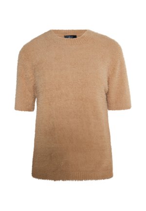 Beige fuzzy striktrøje med korte ærmer og rund halsudskæring. Stoffet har en blød, tekstureret overflade og en afslappet pasform.