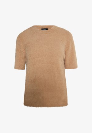 Béžový fuzzy pletený sveter s krátkym rukávom a okrúhlym výstrihom. Tkanina má jemný, textúrovaný povrch a voľný strih.